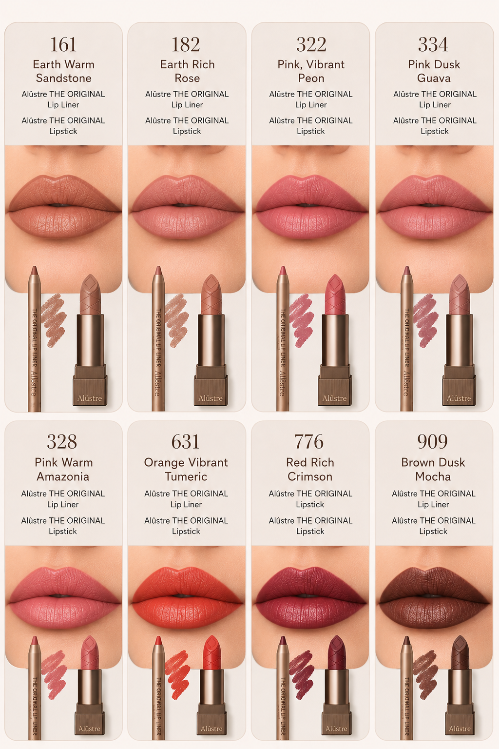 Alûstre THE ORIGINAL – alle 8 læbefarver med læbestift og lip liner
